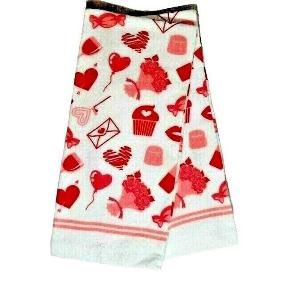 Love Letters Kitchen Towels 2pc Balloons Cupcake Roses Hearts Red White Gift NEW